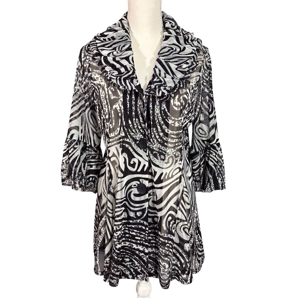 Damee Inc Sheer Swing Jacket Women’s Medium Black & White Print Lightweight